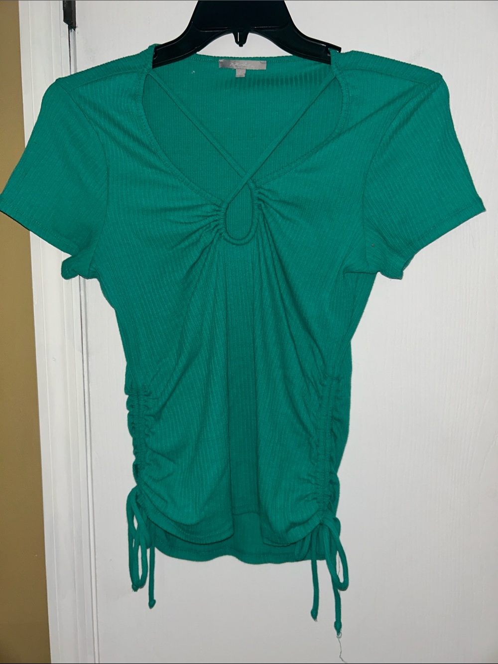 BKE Women’s Teal Ribbed Short Sleeve Top with Front Keyhole and Side Drawstrings